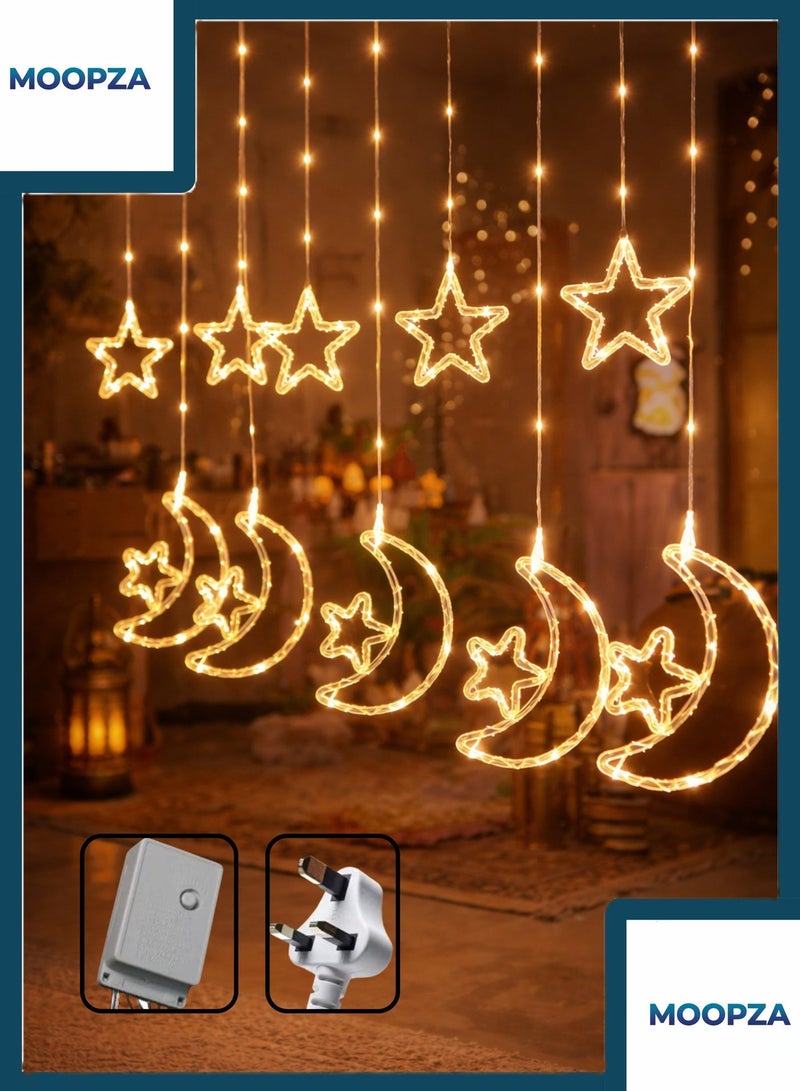 مووبزا بطول ٣ متر ستارة إضاءة LED بتصميم هلال ونجمة رمضان ، إضاءة دافئة، ٨ أوضاع إضاءة، مناسبة للاستخدام الداخلي والخارجي لتزيين المنازل والنوافذ والجدران والشرفات وديكور رمضان وعيد الفطر والمناسبات - Image 1